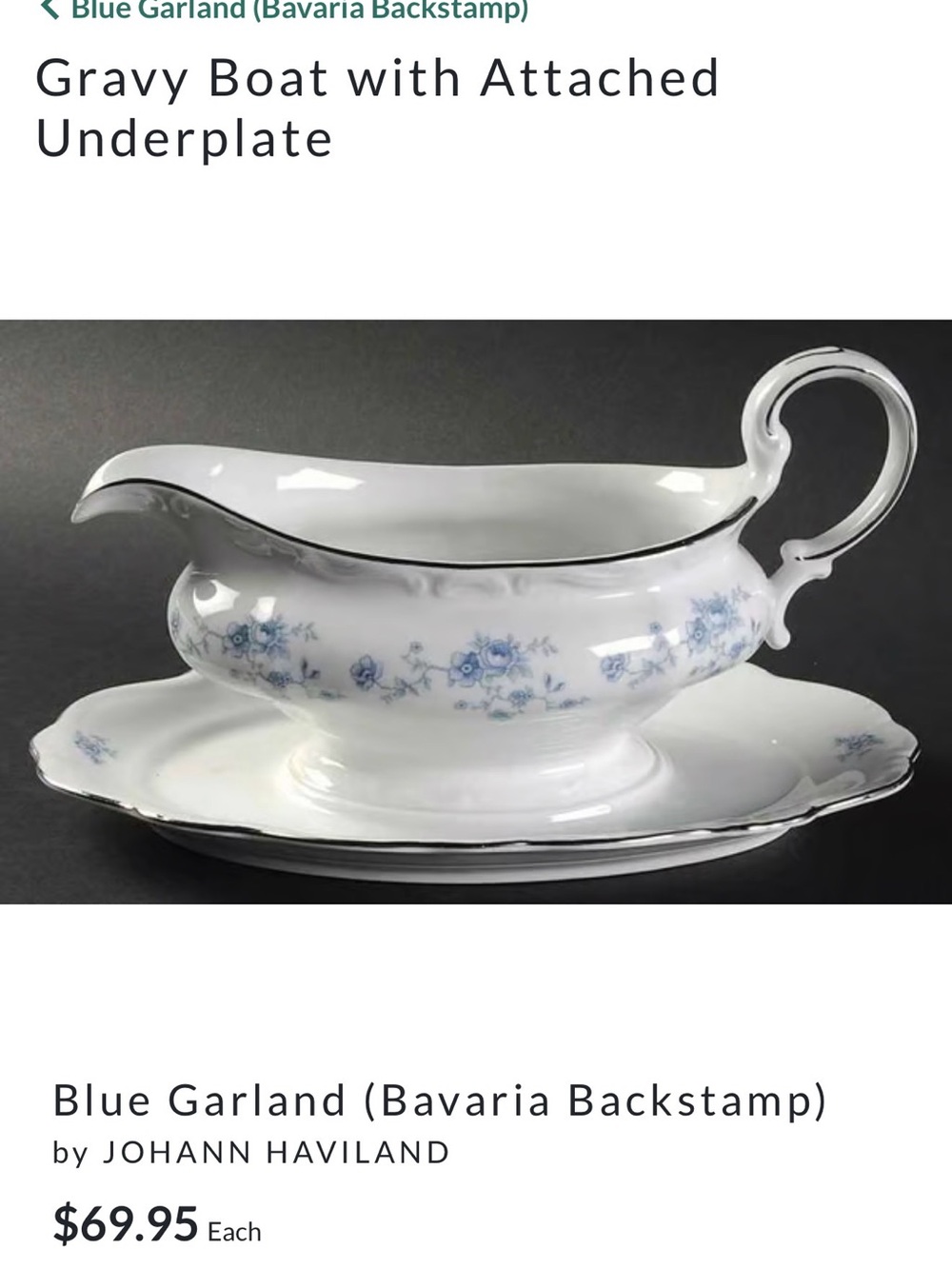 Johann Haviland Blue Garland White Porcelain Gravy Boat with Silver Trim